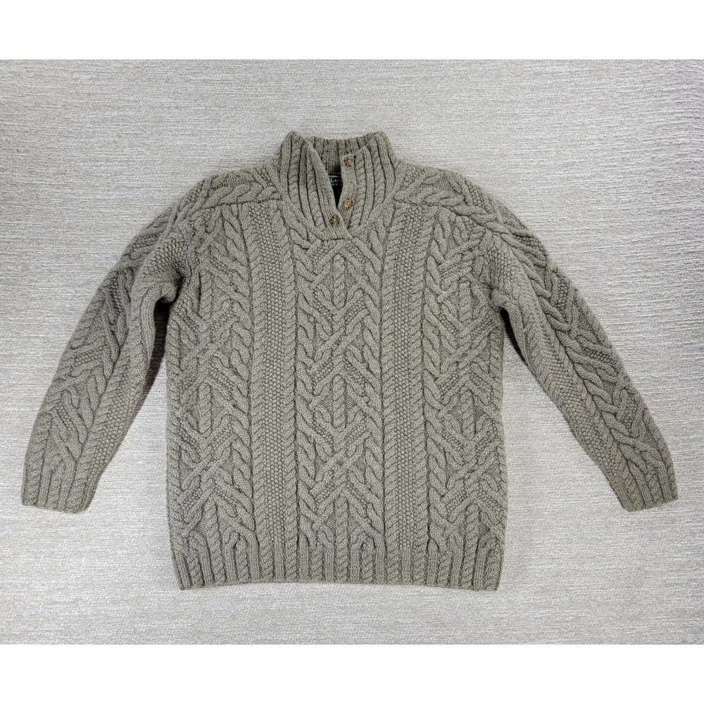 Lauren Ralph Lauren Worsted Wool Fisherman Cable Knit Sweater M Men Taupe Chunky
